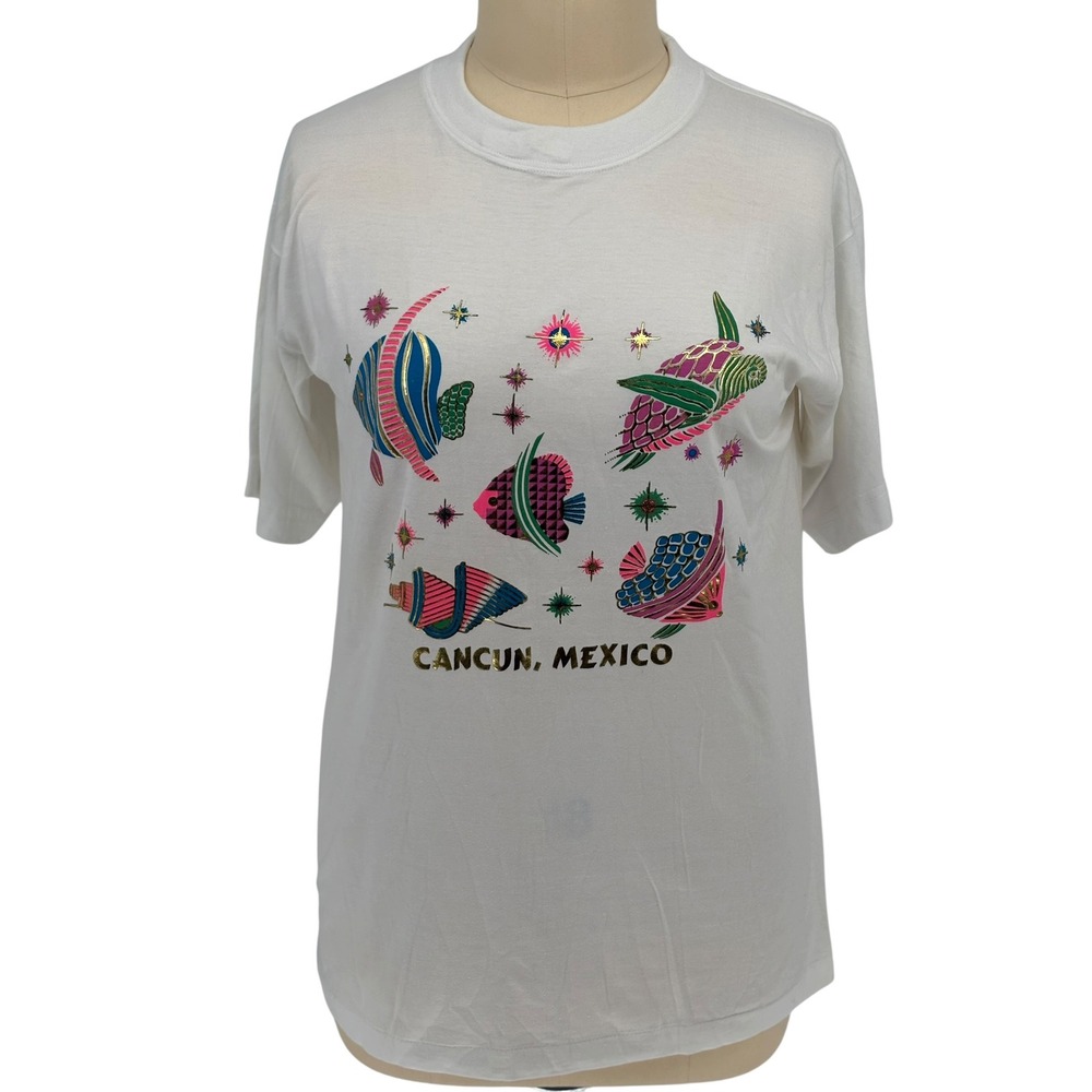 Tropical Mikes Cancun Mexico T-Shirt White Graphic Foil 100% Cotton XL